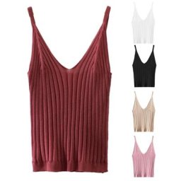 Débardeur court sans manches pour femmes Sexy tricot côtelé bretelles Spaghetti Camisole
