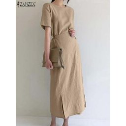 ZANZEA-Robe d'été élégante à manches courtes pour femme couleur unie décontractée maxi