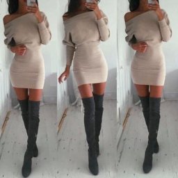 Robe Mini moulante en coton pour femme tenue élégante épaules dénudées kaki manches longues