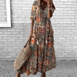 Robe longue en mousseline de soie pour femme col en V demi-manches à lacets gland grand ourlet