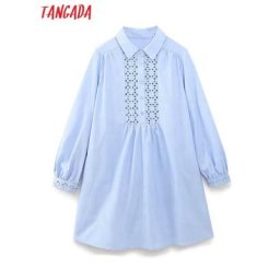 Tangada – Mini robe en coton bleu pour femmes avec broderie manches longues lanterne