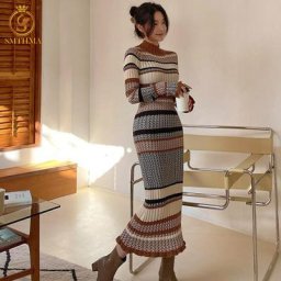 SMTHMA-Robe Sirène Midi à Rayures pour Femme Vintage Élégante Pull de Noël Éducative Nouvelle