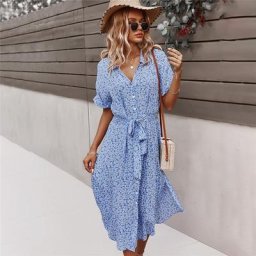 Robe mi-longue à fleurs pour femmes décontractée manches courtes boutons vacances col en V