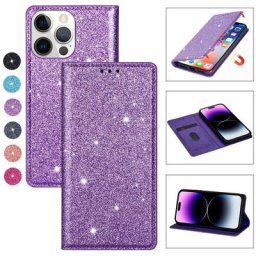 Étui portefeuille en cuir à paillettes Bling pour iPhone étui à ventouse magnétique iPhone 14 Pro