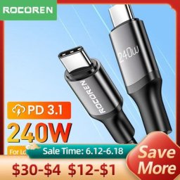 Rocoren – câble USB type-c 240W PD 3.1/100W pour recharge rapide cordon de chargeur USBC pour