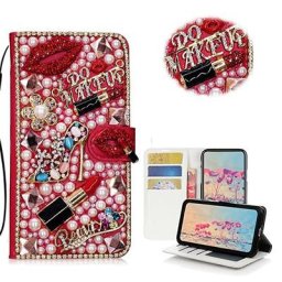 Étui en cuir de luxe Bling Diamond pour iPhone portefeuille rouge à lèvres fente pour carte à