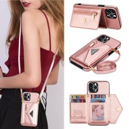 Étui en cuir avec bandoulière à fermeture éclair pour iPhone porte-cartes portefeuille sangle de
