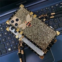 Étui de téléphone de luxe à paillettes dorées avec lanière carrée coque d'équation pour Motorola