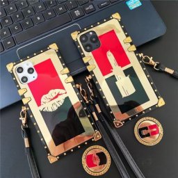 Coque carrée à paillettes de luxe pour Samsung Galaxy étui à lèvres rouges sangle A54 A14 A53
