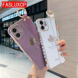 Coque de téléphone souple avec dragonne en érable pour iPhone 12 13 Pro Mini 11 SE 6 7 8