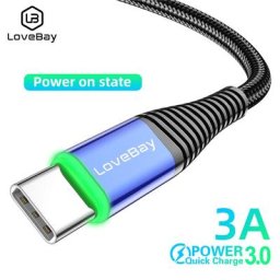 LOVEBAY – câble USB 3A Type C LED de 2m charge rapide transfert de données compatible avec