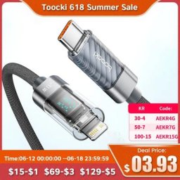 Toocki-Câble de charge rapide pour iPhone écran LED transparent câble de pluie chargeur 20W 14