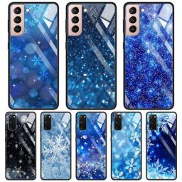 Coque de téléphone Samsung en verre trempé flocons de neige bleus d'hiver pour Galaxy S20 S21 FE