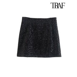 TRAF-Mini Jupe à Paillettes Brillantes pour Femme Vintage Taille Haute Fermeture Éclair Latérale