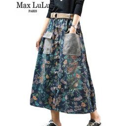 Max LuLu – jupe longue en Denim pour femmes nouveau Design Vintage imprimé fleurs élastique