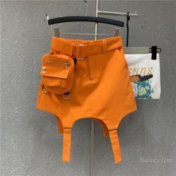 Harajuku-Mini Jupe Orange pour Femme Taille Haute Décontractée dehors Sexy Ligne A Courte
