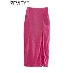 Zevity-Jupe Midi Fendue à Paillettes pour Femme High Street Rose Rouge Chic Fermeture Éclair