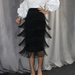 Jupe crayon mi-longue taille haute à franges noires pour femmes jupes rétro élégantes streetwear