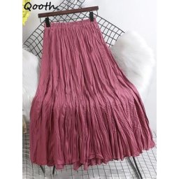 Qooth-Jupe plissée taille haute pour femme tenue décontractée mi-longue couleur unie printemps