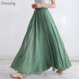 Jupe Maxi en coton et lin pour femmes tenue de plage décontractée taille haute plissée ligne a