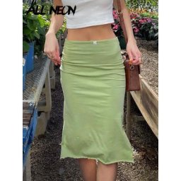 ALLNeon-Jupes vertes fendues taille basse pour femmes Streetwear Y2K Jupes mi-longues Garniture