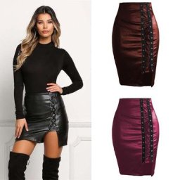 Jupe crayon fendue sur le côté pour femme à lacets noirs en cuir PU vintage taille haute mini