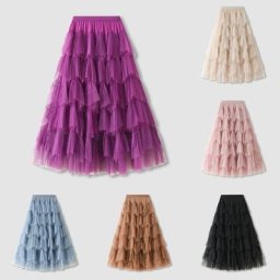 Jupe longue plissée en mousseline de soie pour femme ligne A tutu à volants maille vintage