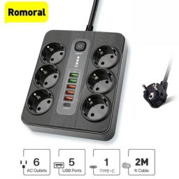 Rallonge de barre d'alimentation USB 3000W 5 prises ue 6AC Type C câble de 2M chargeur prise