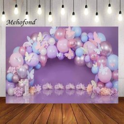 Mehofond – arrière-plan pour photographie ballons papillons violets fleurs fille gâteau de 1er