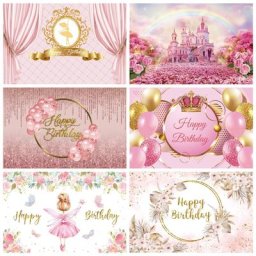Toile de fond de princesse pour la photographie couronne d'or rideau rose fête d'anniversaire