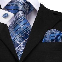 Cravate en soie Paisley bleu argent pour hommes boutons de manchette pratiques Design à la mode