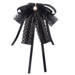 Nœud papillon en dentelle pour femmes et filles ruban noir fausse perle pendentif broche