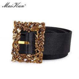 Maikun-Ceinture Large en PU pour Femme Grande Ceinture Carrée Dorée Vintage Sculptée Élégante