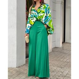Haut à manches bouffantes et pantalon large pour femme ensemble 2 pièces chemise longue élégante