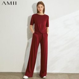 AMII-T-shirt plissé à taille élastique pour femme minimaliste couleur unie mode printemps-été