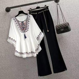 Ensemble Deux Pièces pour Femme Pantalon Trempé Petit Legging Droit Blanc et Noir Haut Réducteur