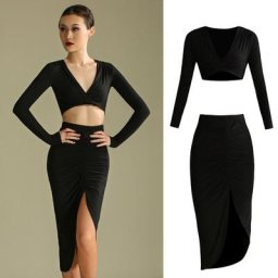 Vêtements de danse latine à manches longues pour femmes jupes noires en Y col en V sexy costume