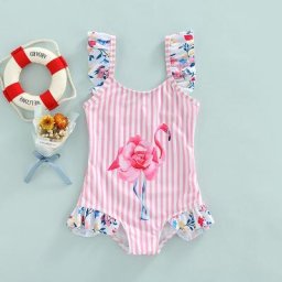 Maillot de bain rayé imprimé flamand rose sans manches à volants pour enfants de 4 à 9 ans
