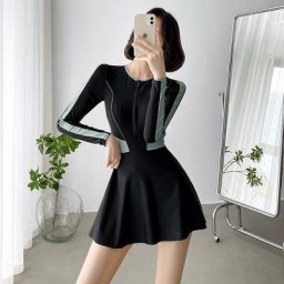 Maillot de bain patchwork noir à manches longues et col rond pour femme tenue de plage nouvelle