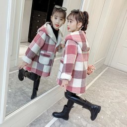 Veste coupe-vent en laine d'agneau pour enfants manteau moyen long parka épaisse à carreaux