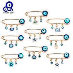 Broche avec œil porte-bonheur turc bleu bijou à breloque tournesol étoile main hamsa couronne