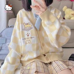 Kawaii Sanurgente Pompom Purin Plaid Jacket Cute My Melody Kuromi Cinnamoroll Student Sweater
