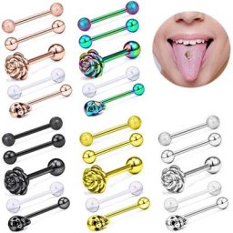 Ensemble de piercing à la langue en acier inoxydable avec fleur rose anneau de langue tête de mort