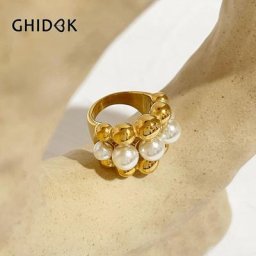 Ghidbk-Bague en Acier Inoxydable pour Femme Grosse Boule Plaquée Or Fausses Perles Bijoux
