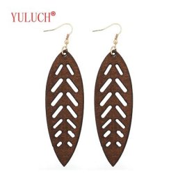 YULUCH – boucles d'oreilles ethnique bohémien pendentif à grande feuille en bois pour femme