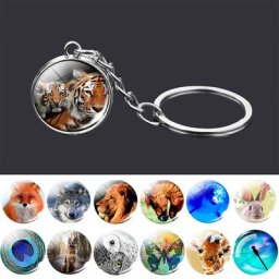 Porte-clés boule de verre double face animal porte-clés tigre loup renard porte-clés de