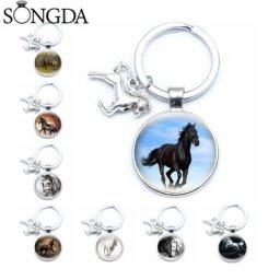 Animal Running Horse Steed Keychain Charms Pattern ChimGlass Cabochon Keyring Pendant Jewelry