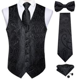 Gilet Paisley noir pour hommes ensemble de 5 pièces avec poches carrées boutons de manchette