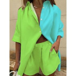 Hirigin-Tenue d'été en coton et lin pour femme 2 pièces t-shirt à revers à manches courtes et