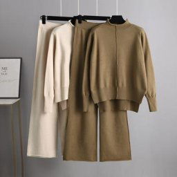 Ensemble pull et pantalon tricoté pour femme tenue ample et décontractée à jambes larges